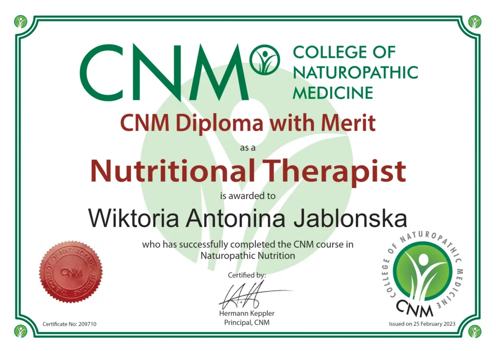 CNM Diploma with Merit in Nutritional Therapy awarded to Wiktoria Jablonska by the College of Naturopathic Medicine
