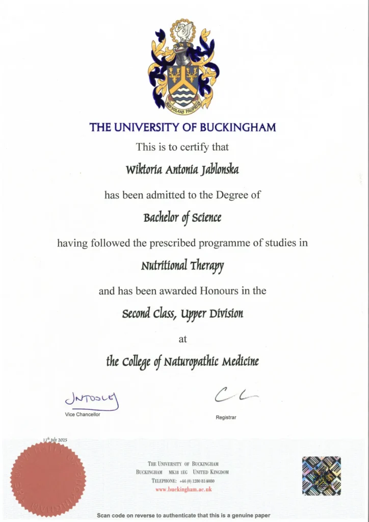 BSc (Hons) Nutritional Therapy degree certificate from the University of Buckingham awarded to Wiktoria Jablonska